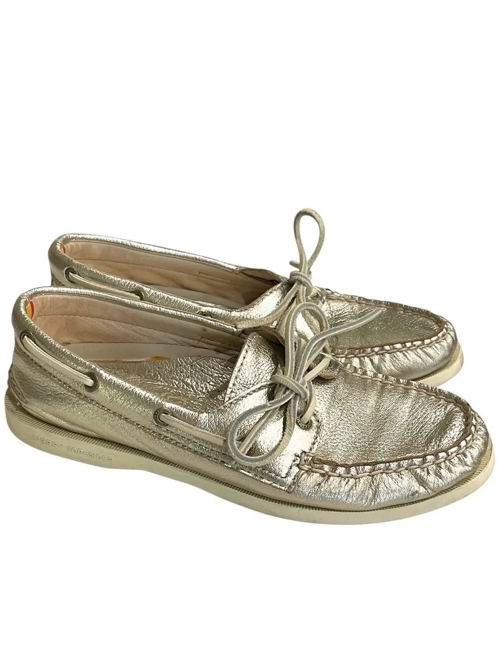 J. Crew X Sperry Topsider Gold Metallic 2 Eye Boat Shoes SZ 7 Women’s